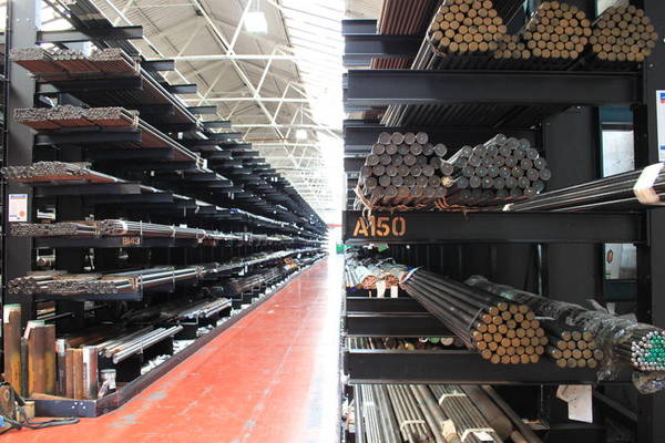 bar-and-tube-storage-system warehouse with metal bars on racking