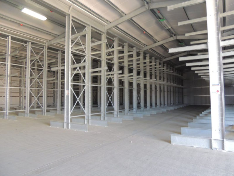 completed rack clad building with cantilever racking. View from the inside of the building