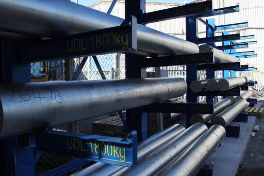 metal bars on cantilever racking. close up of cantilever arms, each arm capacity 1800kg