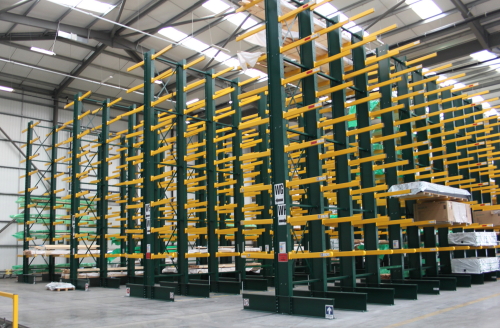 Black double-sided cantilever racking with 9 storage levels and yellow arms